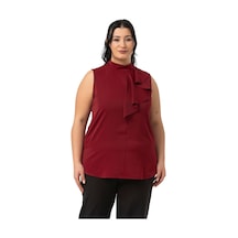 Disentis Büyük Beden Yarım Dik Yaka Asimetrik Volanlı Kolsuz Bordo Bluz Bordo