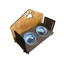 Ahşap Pati Desenli Yükseklik ve Eğim Ayarlı Suya Dayanıklı Kedi Mama ve Su Kabı Ahşap