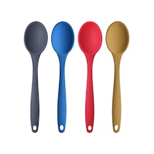 Silikon Büyük Boy Kaşık Seti, Yanmaz Yapışmaz, Çok Renkli - Mavi, Sarı, Kırmızı, Antrasit - 27 Cm, 4 Adet Set