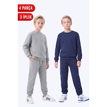 Fyk Kids 3 İplik Düz Erkek Çocuk Çift Cepli Bisiklet Yaka 2'li Eşofman Takımı Gri - Lacivert