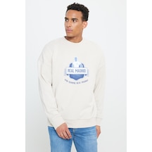 Ac&co / Altınyıldız Classics Erkek Açık Bej Oversize Fit Bol Kesim Real Madrid Lisanslı Pamuklu Bisiklet Yaka Sweatshirt Açık Bej