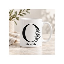 O Harfli İsim Alanlı Kupa Bardak Siyah Yapraklı Monogram Beyaz Beyaz
