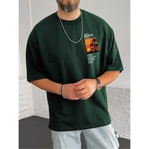 T-shirt - Beach Baskılı Oversize Bisiklet Yaka Kısa Kol Tişört Yeşil