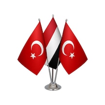 Masa Üstü Yemen Bayrağı Türk Bayrağı Üçlü Krom Direk Masa Bayrak