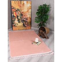 My Evilla Modern Dekoratif Örgü Saçaklı Simirna Peluş Halı Yolluk Pembe