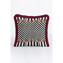 Luxe Ekose Çiçekli Saçaklı Yastık Kılıfı - Çizgili Romantik Vintage Bordo Püsküllü Kırlent Kılıfı Toprak Fırtına Mavisi