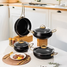 Lines L-5094 Yonca Güveç 7 Parça Tencere Seti - Siyah Altın Kulp