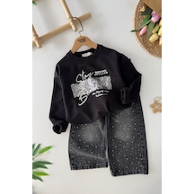 Miniğimin Cicileri Stay Beautiful Taşlı Kot Pantolonlu Kız Çocuk 2 Li Takım - Siyah
