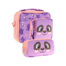Kaukko Kids Kız Çocuk Mor Somon Panda Desenli Üç Bölmeli Thermo Beslenme Çantası Ve Kalemlik Seti L7233+l8233 Mor - Somon