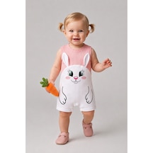 Babyden's Kız Bebek Tulum Yazlık %100 Pamuk Ribana Kolsuz Tavşan Baskılı Çıtçıtlı Bebek Tulumu 0-9 Ay Somon