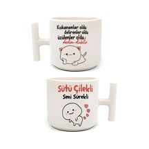 Mochi Cat Baskılı 2'li El Yapımı T Kulplu Fincan Beyaz