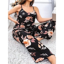 Majeur Closet Büyük Beden Siyah Üstüne Çiçek Desenli İnce Askılı 2'li Pijama Takımı