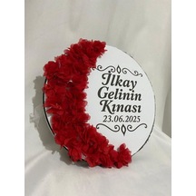 Gelin Tefi 30cm, İsim Ve Tarih Yazılı Yarım Ay Şeklinde Tasarlanmış Düğün Kına Tefi Kırmızı