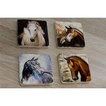 Atlar Doğal Taş Bardak Altlığı 4'lü Set - Natural Stone Coasters - Taş Çok Renkli