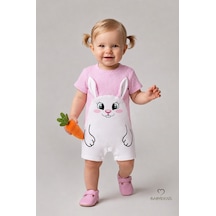 Babyden's Tavşan Figürlü Kız Bebek Şortlu Tulum %100 Pamuk Yazlık Tulum Günlük Bebek Tulumu 0-9 Ay Pembe