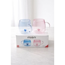 Mien İkili Cam Kupa Seti 250 Ml Kalpli Tasarım Mavi & Pembe Şık Kupa Takımı Çok Renkli