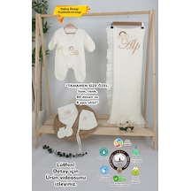 Gros Shop Müslin Yeni Doğan 4katlı Organik %100pamuk Kişiye Özgü Nakışlı Hastane Çıkış Seti Gökkuşağı Model2 Ekru-2