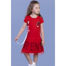 Toontoy Kız Çocuk Tülü Trend Baskılı Şerit Detaylı Elbise Kırmızı