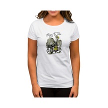 Rider Bike Cartoon Beyaz Kadın Tişört Beyaz