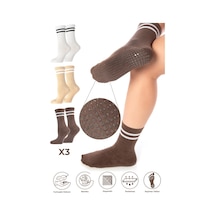 Saysez Bambu Kadın Çok Renkli Kaydırmaz Taban Silikon Baskı Pilates Yoga Fitness Bale Dans Aktivite Tenis Çorabı 3'lü Bej - Kahverengi