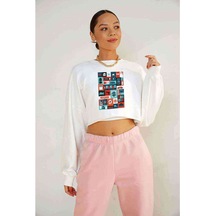 Riverdale Karma Baskılı Crop Kadın Beyaz Sweatshirt