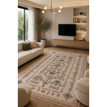 Floral Elegance Desen Baskılı Kaymaz Yıkanabilir Salon Oturma Odası Mutfak Balkon Halısı Yolluk krem