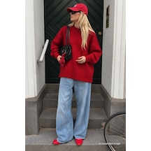 Madmext Kırmızı Bisiklet Yaka Oversize Uzun Kadın Triko Kazak Mg2890