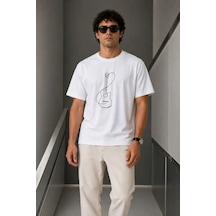 Epilons Zenda1125 Erkek Minimal Gitar Baskılı Tişört T-shirt Yazlık Kısa Kol Bisiklet Yaka T-shirt - Beyaz Zenda478