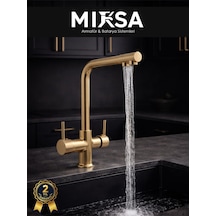 Lüx Arıtmalı Gold 3 Yollu Mutfak Eviye Bataryası Musluğu Sıcak-soğuk Girişli, Pirinç Malzeme Altın