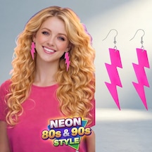 Retro Neon Pembe Şimşek Küpe 10 Cm 80'ler 90'lar Modası Diğer
