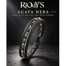 Riody's Agata Nera Erkek Bileklik Doğal Siyah Akik Taşlı Siyah Deri Çelik Kilit Siyah - Gri