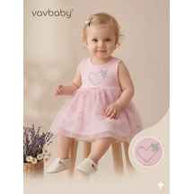 Kız Bebek Kalp Nakışlı Tül Detaylı Elbise Pembe Pembe