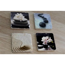 Spa Taşları Ve Kiraz Çiçeği Doğal Taş Bardak Altlığı 4'lü Set - Natural Stone Coasters - Taş Çok Renkli