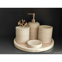 Doğal Taş Traverten 5'li Banyo Seti Gold Mercan Aksesuarlı Beyaz