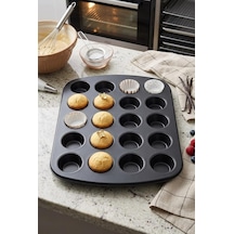 24'lü Mini Muffin Kalıbı Yanmaz Yapışmaz Karbon Çelik Kek Ve Kapkek Fırın Tepsisi 39.5x24.5 Cm Gri