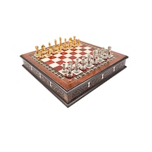 Özel - 328 - Tasarım El İşi Yuvarlak Satranç Tahtası Ve Metal Satranç Taşları Mcyv36 - - Muratech - Altın-gümüş, Kırmızı