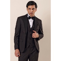 İmza Siyah Desenli Çıkarılabilir Şal Yaka Yelekli 6 Drop Slim Fit Smokin Damatlık Takım 1001230203-Siyah