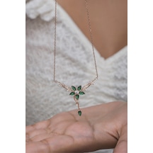 925 Ayar Gümüş Rose Daldaki Gonca Yeşil Çiçek Kolye Rose Gold