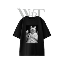 Thewert Kedi Bornoz Maske Tasarım Baskılı Ünisex Siyah Oversize T-shirt
