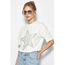 Kadın Taş İşlemeli Yıldız Detaylı %100 Pamuk Oversize T-shirt Öt100003 60286297 - Beyaz