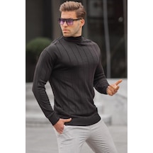 Madmext Siyah Slim Fit Yarım Balıkçı Yaka Çizgili Tüylenmeyen Erkek Triko Kazak 6344 Siyah