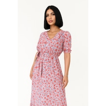 Çiçek Desenli Yırtmaçlı Elbise - Pembe