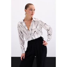 Sateen Yırtmaç Detaylı Gömlek - Ekru-136103 Ekru