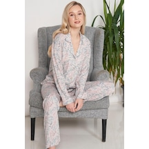 Kadın Büyük Beden Uzun Kol Gömlek Yaka Önden Düğmeli Gri Pijama Takımı C9t0n6o1 001