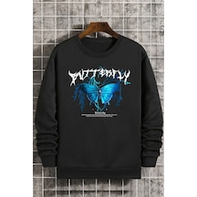 Unisex Blue Butterfly Bisiklet Yaka Sweatshirt Siyah