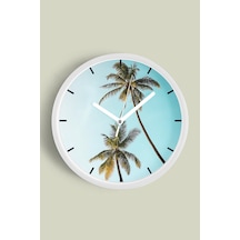 Palmiye Ağacı Modern Duvar Saati - 30cm - Önü Camlı Beyaz Kasa - Sessiz Mekanizma Beyaz