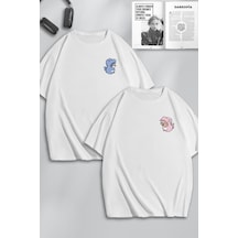 Unisex Kadın Erkek Dinozor Tom Ve Jerry Baskılı Sevgili Çift Kombini Tasarım Oversize Tshirt 2'li Beyaz Mck0105 Beyaz