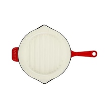 Metal Saplı 28 Cm Kırmızı İç Krem Döküm Yuvarlak Izgara Tava Açık Bakır