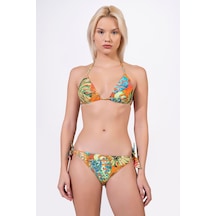 Endeep Kadın Dolgulu Kaplı Üçgen Desenli Bağlamalı Bikini Takımı Turuncu