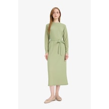 Defacto Regular Fit Bisiklet Yaka Bağlamalı Uzun Kollu Maxi Elbise D9063ax25spgn762 Yeşil-gn762